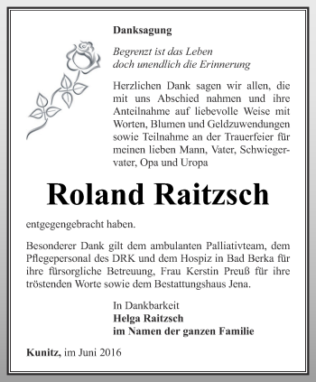 Traueranzeige von Roland Raitzsch von Ostthüringer Zeitung, Thüringische Landeszeitung