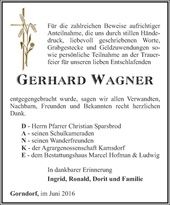 Traueranzeige von Gerhard Wagner von Ostthüringer Zeitung