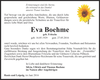 Traueranzeige von Eva Böhme von Ostthüringer Zeitung