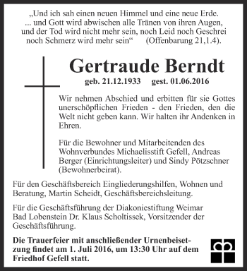 Traueranzeige von Gertraude Berndt von Ostthüringer Zeitung