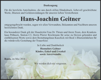 Traueranzeige von Hans-Joachim Geitner von Ostthüringer Zeitung