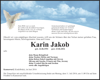 Traueranzeige von Karin Jakob von Thüringer Allgemeine