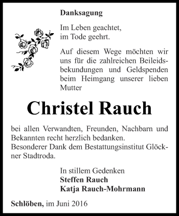 Traueranzeige von Christel Rauch von Ostthüringer Zeitung