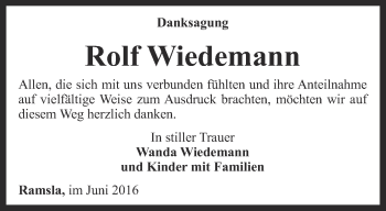 Traueranzeige von Rolf Wiedemann von Thüringer Allgemeine, Thüringische Landeszeitung