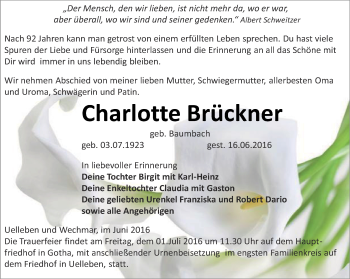 Traueranzeige von Charlotte Brückner von Ostthüringer Zeitung, Thüringische Landeszeitung