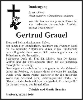 Traueranzeige von Gertrud Grauel von Thüringer Allgemeine, Thüringische Landeszeitung