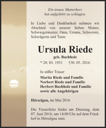 Traueranzeige von Ursula Riede von Ostthüringer Zeitung, Thüringische Landeszeitung