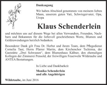 Traueranzeige von Klaus Schenderlein von Ostthüringer Zeitung