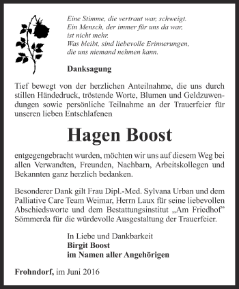 Traueranzeige von Hagen Boost von Thüringer Allgemeine