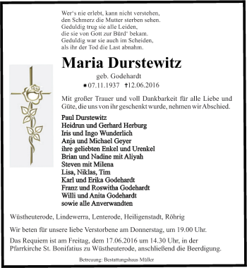 Traueranzeige von Maria Durstewitz von Thüringer Allgemeine