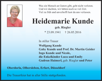 Traueranzeige von Heidemarie Kunde von Thüringer Allgemeine, Thüringische Landeszeitung