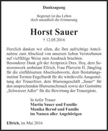 Traueranzeige von Horst Sauer von Thüringer Allgemeine