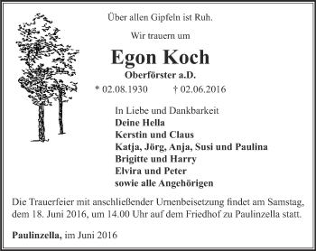 Traueranzeige von Egon Koch von Ostthüringer Zeitung