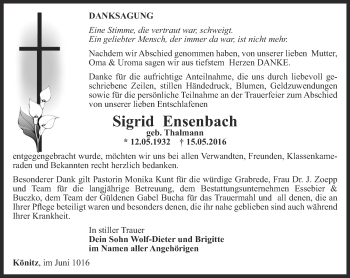 Traueranzeige von Sigrid Ensenbach von Ostthüringer Zeitung