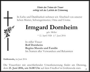 Traueranzeige von Irmgard Dornheim von Thüringer Allgemeine