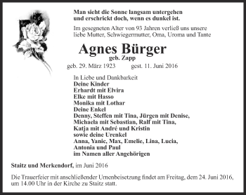 Traueranzeige von Agnes Bürger von Ostthüringer Zeitung