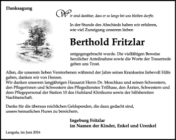 Traueranzeige von Berthold Fritzlar von Thüringer Allgemeine, Thüringische Landeszeitung