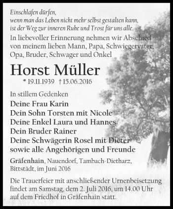 Traueranzeige von Horst Müller von Ostthüringer Zeitung, Thüringische Landeszeitung