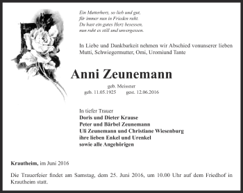 Traueranzeige von Anni Zeunemann von Thüringer Allgemeine, Thüringische Landeszeitung