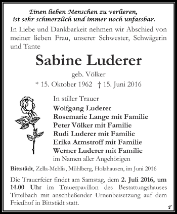 Traueranzeige von Sabine Luderer von Thüringer Allgemeine