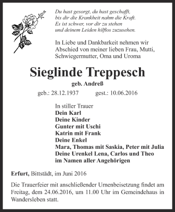 Traueranzeige von Sieglinde Treppesch