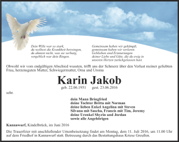 Traueranzeige von Karin Jakob von Thüringer Allgemeine