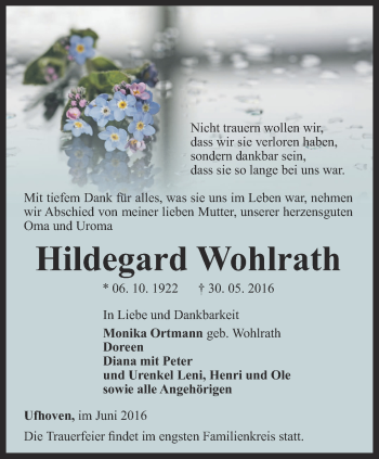 Traueranzeige von Hildegard Wohlrath von Thüringer Allgemeine, Thüringische Landeszeitung