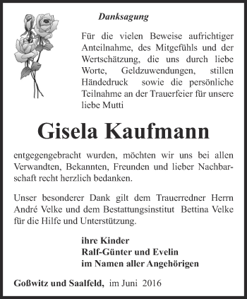 Traueranzeige von Gisela Kaufmann von Ostthüringer Zeitung