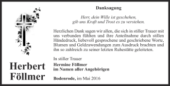 Traueranzeige von Herbert Föllmer von Thüringer Allgemeine