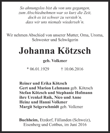 Traueranzeige von Johanna Kötzsch von Ostthüringer Zeitung