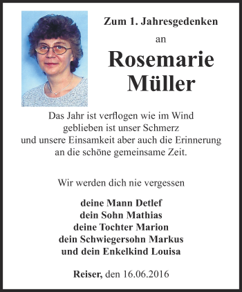 Traueranzeige von Rosemarie Müller von Thüringer Allgemeine, Thüringische Landeszeitung