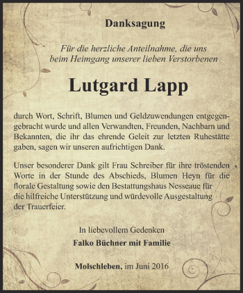 Traueranzeige von Lutgard Lapp von Ostthüringer Zeitung, Thüringische Landeszeitung