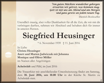 Traueranzeige von Siegfried Heusinger von Thüringer Allgemeine