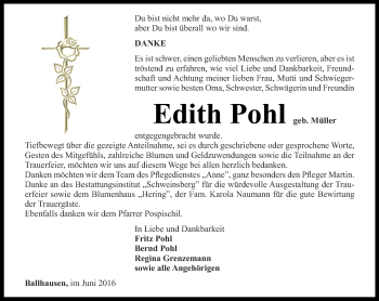 Traueranzeige von Edith Pohl von Thüringer Allgemeine, Thüringische Landeszeitung