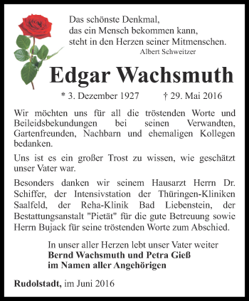 Traueranzeige von Edgar Wachsmuth von Ostthüringer Zeitung