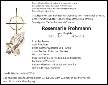 Traueranzeige von Rosemarie Frohmann von Thüringer Allgemeine