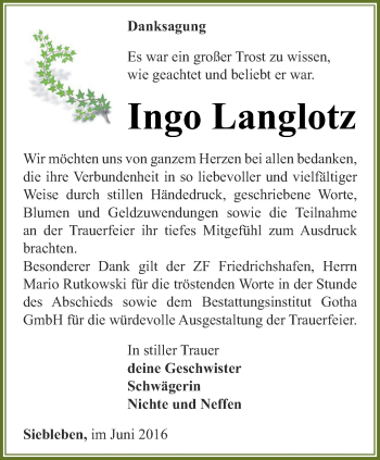 Traueranzeige von Ingo Langlotz von Ostthüringer Zeitung, Thüringische Landeszeitung