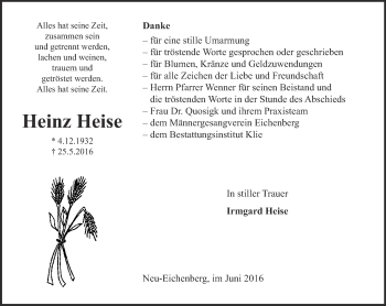 Traueranzeige von Heinz Heise von Thüringer Allgemeine