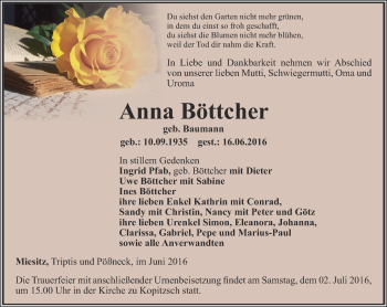 Traueranzeige von Anna Böttcher von Ostthüringer Zeitung