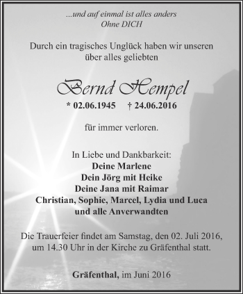 Traueranzeige von Bernd Hempel von Ostthüringer Zeitung
