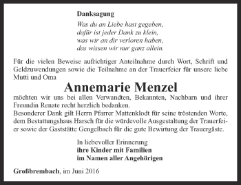 Traueranzeige von Annemarie Menzel von Thüringer Allgemeine