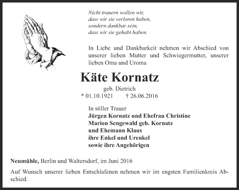  Traueranzeige für Käte Kornatz vom 29.06.2016 aus Ostthüringer Zeitung