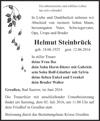 Traueranzeige von Helmut Steinbrück von Thüringer Allgemeine