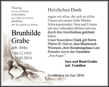 Traueranzeige von Brunhilde Grabe von Thüringer Allgemeine