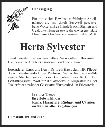 Traueranzeige von Herta Sylvester von Thüringer Allgemeine, Thüringische Landeszeitung