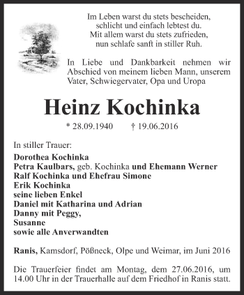 Traueranzeige von Heinz Kochinka von Ostthüringer Zeitung