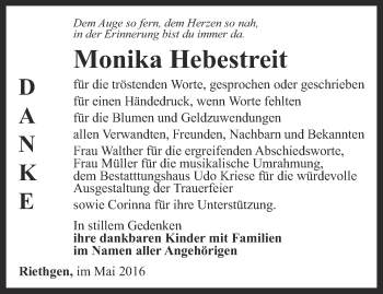 Traueranzeige von Monika Hebestreit von Thüringer Allgemeine