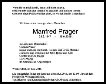 Traueranzeige von Manfred Prager von Ostthüringer Zeitung