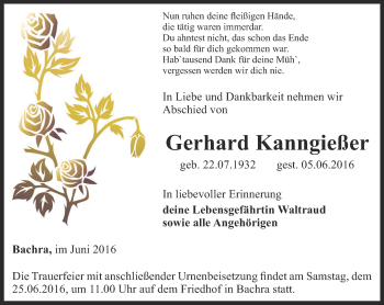 Traueranzeige von Gerhard Kanngießer von Thüringer Allgemeine