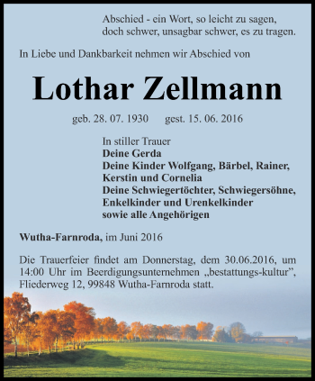 Traueranzeige von Lothar Zellmann von Thüringer Allgemeine, Thüringische Landeszeitung